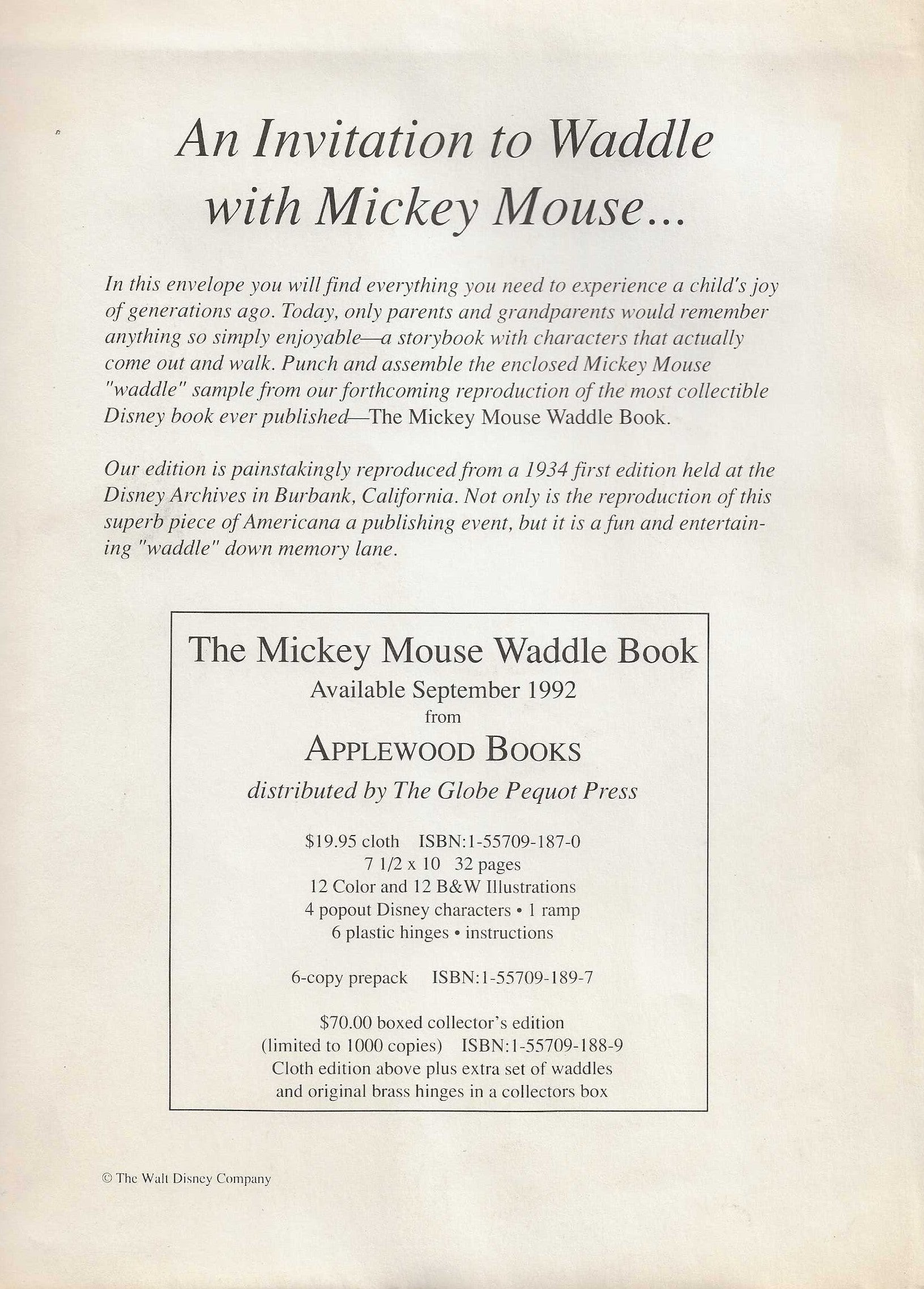 AN INVITATION TO WADDLE WITH MICKEY MOUSE 1992 Promotional Kit