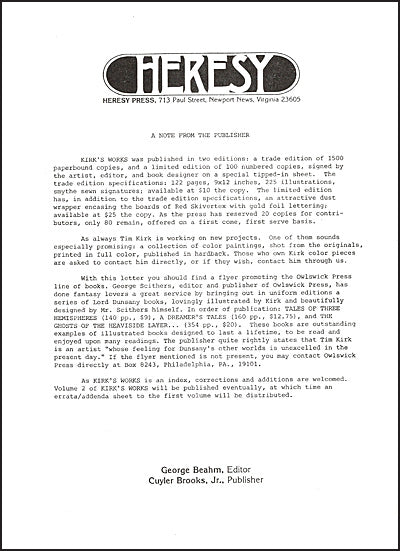 KIRK'S WORKS An Index Of The Art Of Tim Kirk Signed & Limited
